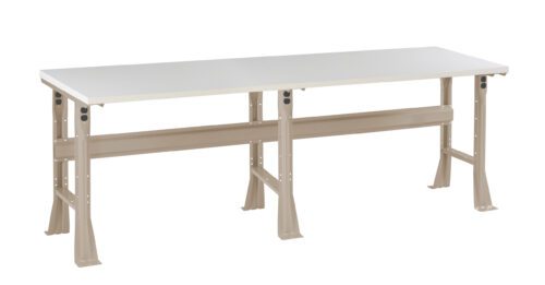 Rectangular workbench with a white tabletop and beige metal legs. The bench has a support beam beneath the tabletop, providing stability. The design is simple and functional, suitable for various workspaces.