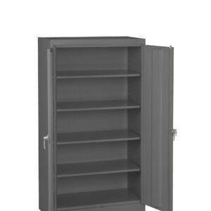 A grey metal storage cabinet with two doors, one open to reveal five adjustable shelves inside. It has a sleek, industrial design and features handles on each door.