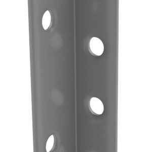 Gray metal angle bracket with six evenly spaced holes, three on each side, designed for connecting or reinforcing structures.