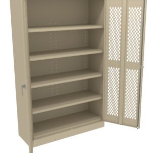 A beige metal storage cabinet with one door open, revealing five shelves. The open door has a perforated design, while the closed door has a handle. The cabinet stands on four short legs.