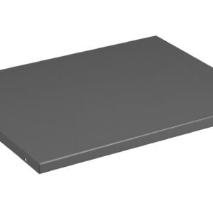 A rectangular, flat, gray metal shelf viewed from a slightly elevated angle, showing its thin profile and smooth surface.