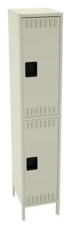 A tall, beige metal locker with two compartments, each with a black handle. The locker stands on four legs and features vent slots at the top and bottom of each door.