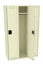 A beige metal wardrobe with two doors, one open to reveal an empty interior with a hanging rod and a shelf above. The right door is slightly ajar, and both doors have black handles.