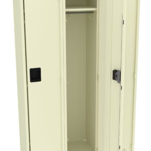 A beige metal wardrobe with two doors, one open to reveal an empty interior with a hanging rod and a shelf above. The right door is slightly ajar, and both doors have black handles.