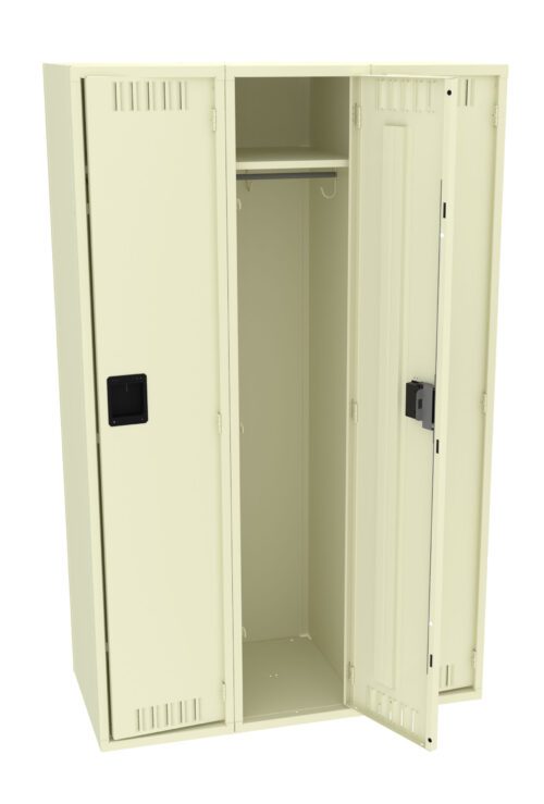 A beige metal wardrobe with two doors, one open to reveal an empty interior with a hanging rod and a shelf above. The right door is slightly ajar, and both doors have black handles.
