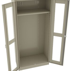 An open, tall metal cabinet with two transparent-glass doors and multiple adjustable shelves inside. The cabinet is empty and has a beige finish.