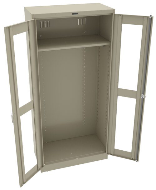 An open, tall metal cabinet with two transparent-glass doors and multiple adjustable shelves inside. The cabinet is empty and has a beige finish.