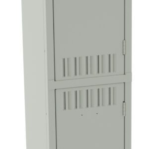 Tall, gray metal locker with two compartments, each with a black handle and ventilation slots. The locker stands on four legs against a plain white background.