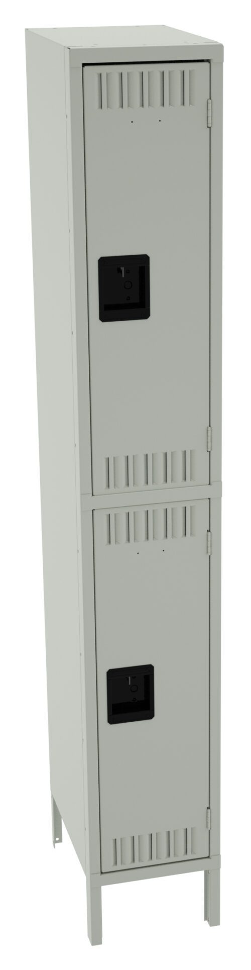 Tall, gray metal locker with two compartments, each with a black handle and ventilation slots. The locker stands on four legs against a plain white background.
