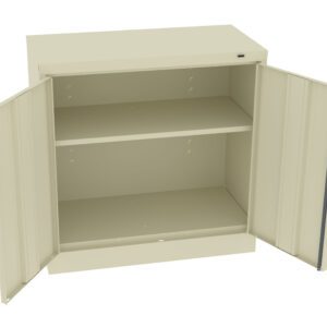 Open beige metal cabinet with double doors and two interior shelves. The doors are wide open, revealing empty shelves. The cabinet has a simple, industrial design.