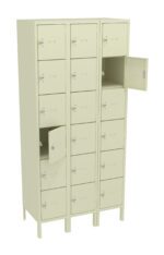 A beige locker unit with three columns, each containing multiple small compartments. Some compartments have doors open, showing empty interiors. The locker is standing on four legs.