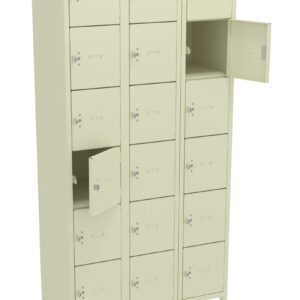 A beige locker unit with three columns, each containing multiple small compartments. Some compartments have doors open, showing empty interiors. The locker is standing on four legs.