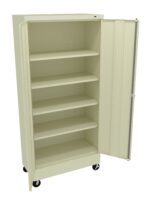 A tall, beige metal storage cabinet with one door open. It has five adjustable shelves inside and is mounted on wheels for mobility. The cabinet is empty, showcasing its storage capacity.