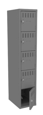 Gray metal storage locker with five compartments, featuring vertical ventilation slots and handles. The bottom compartment door is slightly open, revealing an empty interior. The locker stands upright against a plain background.