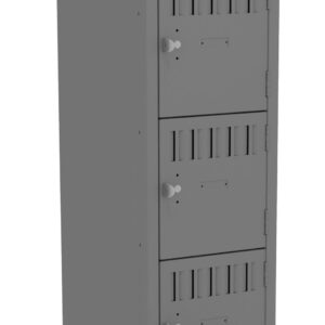 Gray metal storage locker with five compartments, featuring vertical ventilation slots and handles. The bottom compartment door is slightly open, revealing an empty interior. The locker stands upright against a plain background.