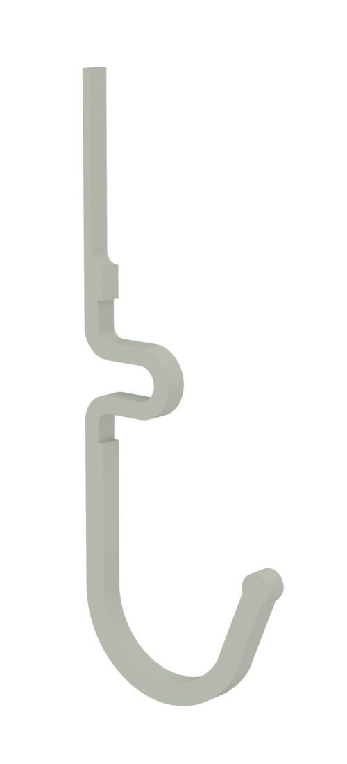 Illustration of a white coat hook with a minimalistic design. The hook features a vertical stem that curves in an S-shape, ending with a U-shaped hook. The smooth surface gives it a modern appearance.