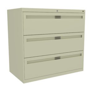A beige, three-drawer filing cabinet with a lock on the top drawer. The cabinet has handles integrated into the drawer design, giving it a sleek and modern appearance. The drawers are closed.