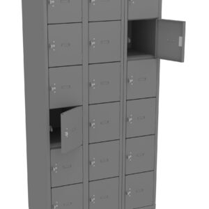 Gray metal locker unit with three columns and five rows of square locker doors. Several doors are slightly open, revealing empty compartments inside. The unit stands on metal legs.