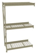 A beige metal shelving unit with three wire mesh shelves and a solid top shelf. The side supports are perforated, allowing for adjustable shelf heights. The unit has a simple, industrial design.