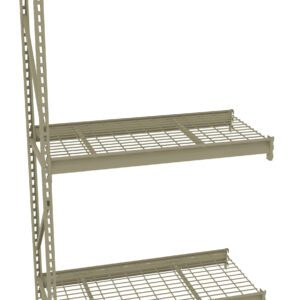 A beige metal shelving unit with three wire mesh shelves and a solid top shelf. The side supports are perforated, allowing for adjustable shelf heights. The unit has a simple, industrial design.