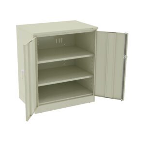 A beige metal storage cabinet with two doors open, revealing three shelves inside.