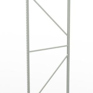 A tall, gray metal shelving frame stands against a white background. It has vertical supports with multiple holes and diagonal crossbars for stability.