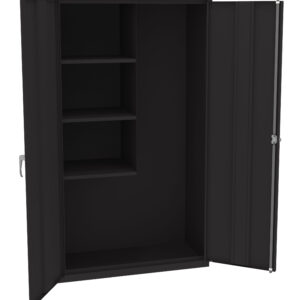 Open black metal cabinet with two doors, revealing three shelves on the left side and an open space on the right. The cabinet has a simple, industrial design and is suitable for storage.