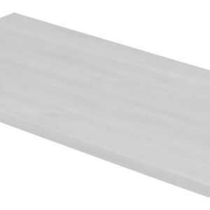 A rectangular, light gray wooden shelf with a smooth surface, viewed from an angle against a white background.