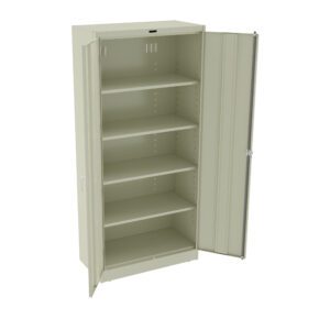 A beige metal storage cabinet with two open doors, revealing five spacious shelves. The cabinet has a sleek, functional design, suitable for organizing various items in an office or workshop setting.