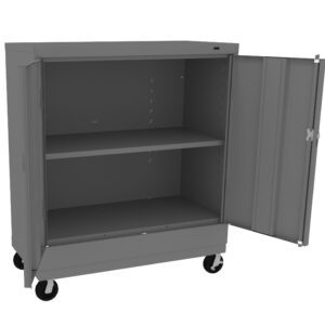A metal storage cabinet on wheels with two shelves and one door open, revealing an empty interior. The cabinet has a sleek, minimalist design and is positioned against a white background.