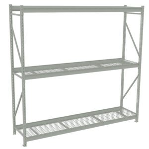 A large, gray metal storage rack with three wire mesh shelves. The rack features side supports and reinforcement bars for stability. It is designed for industrial or garage use, providing ample storage space for heavy items.