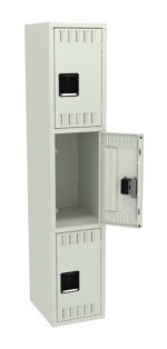 A tall, light gray metal locker with three compartments. The middle compartments door is open, revealing an empty interior. The top and bottom compartments have closed doors with black handles.