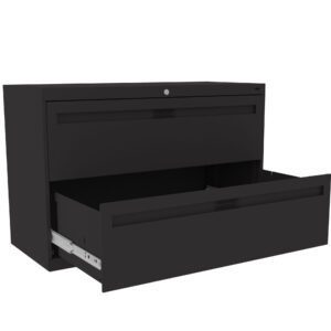 A black, modern two-drawer filing cabinet with one drawer open. The cabinet has a smooth finish and a lock on the top drawer. The design is minimalistic and functional, suitable for office use.