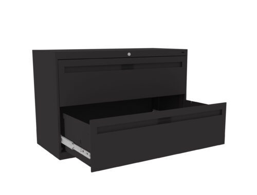 A black, modern two-drawer filing cabinet with one drawer open. The cabinet has a smooth finish and a lock on the top drawer. The design is minimalistic and functional, suitable for office use.