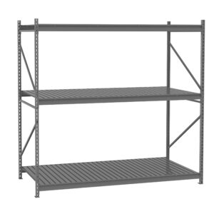 A large, industrial metal shelving unit with three tiers and a grey finish. The shelves are made of slatted metal, supported by sturdy vertical beams and braces. The backdrop is plain white.