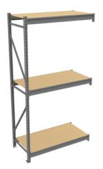 A three-tiered metal shelving unit with wooden shelves. The frame is constructed from gray metal, supporting three evenly spaced shelves. The design is minimal and functional, suitable for storage or organizing items.