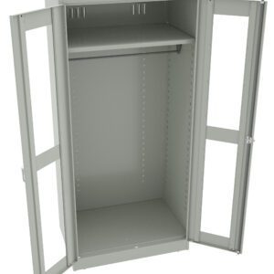 Open, empty, light gray metal storage cabinet with two doors and a clothes hanging rod. The doors have small handle locks and the cabinet has a removable upper shelf. Shelves have adjustable slots along the sides.