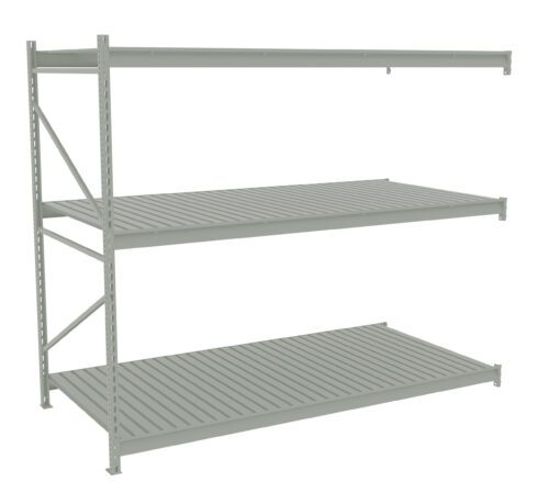 A metal warehouse shelving unit with three adjustable shelves. The design is industrial, featuring a light gray finish and sturdy support beams. The shelves are evenly spaced with a slatted surface.