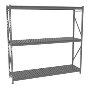 Gray metal storage shelving unit with three horizontal slatted shelves. The open design includes a sturdy frame with diagonal support bars on both sides, suitable for a garage or warehouse.
