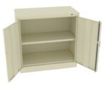 An empty beige metal cabinet with two open doors, revealing a single shelf inside.
