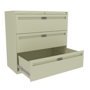 Three-drawer beige filing cabinet with the bottom drawer open. The cabinet has a lock at the top and sleek handle designs on each drawer. It stands against a plain white background.