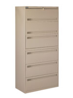 A beige metal filing cabinet with five horizontal drawers. The top drawer has a lock, and each drawer features a recessed handle for a sleek look. The cabinet stands upright on a plain white background.