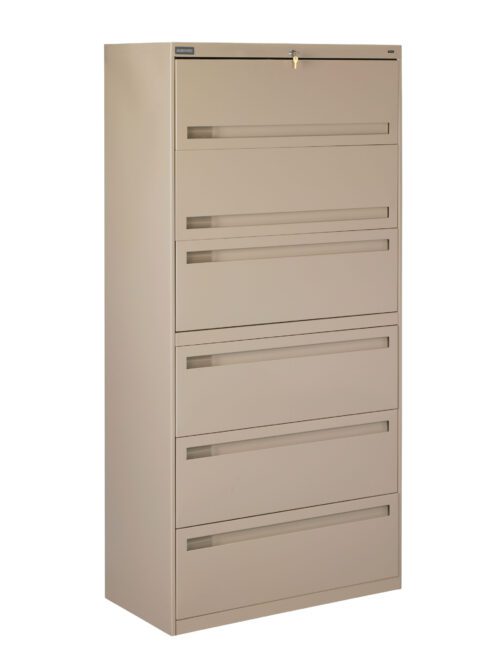 A beige metal filing cabinet with five horizontal drawers. The top drawer has a lock, and each drawer features a recessed handle for a sleek look. The cabinet stands upright on a plain white background.