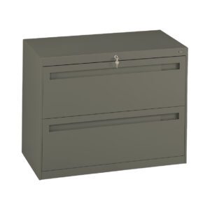 A gray, two-drawer lateral filing cabinet with a lock and key on the top drawer. The cabinet has a clean, modern design with handles integrated into each drawer.