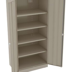 A beige metal storage cabinet with five adjustable shelves. The cabinet has both doors open, revealing the empty shelves inside. The design is simple and industrial, suitable for organizing tools or supplies.