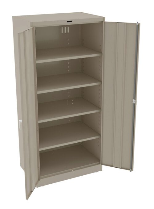 A beige metal storage cabinet with five adjustable shelves. The cabinet has both doors open, revealing the empty shelves inside. The design is simple and industrial, suitable for organizing tools or supplies.
