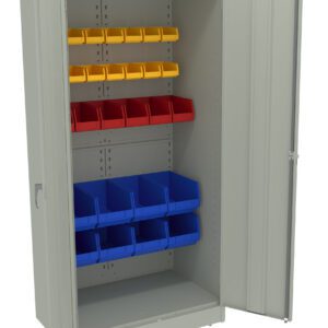 A gray metal storage cabinet with open doors revealing three shelves. The top shelf has yellow bins, the middle shelf has red bins, and the bottom shelf has blue bins. The cabinet is empty except for the bins.