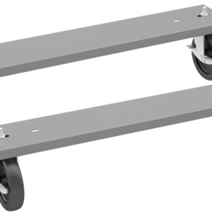 Two grey metal dolly bases with four black caster wheels each. The bases are rectangular with mounting holes at the edges. The caster wheels are attached at the corners, allowing for mobility and support of heavy items.