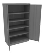 A large, gray metal storage cabinet with one door open, revealing four spacious shelves inside. The cabinet has a simple, utilitarian design and is empty.