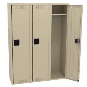 A beige metal locker unit with three sections. The first and second sections are closed, while the third is open, revealing a hanging rod and a shelf inside.